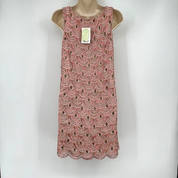 NWT ANTHROPOLOGIE MOULINETTE SOEURS PINK GOLD SCALLOP HEM BEADED SHIFT DRESS 6 - Picture 7 of 16
